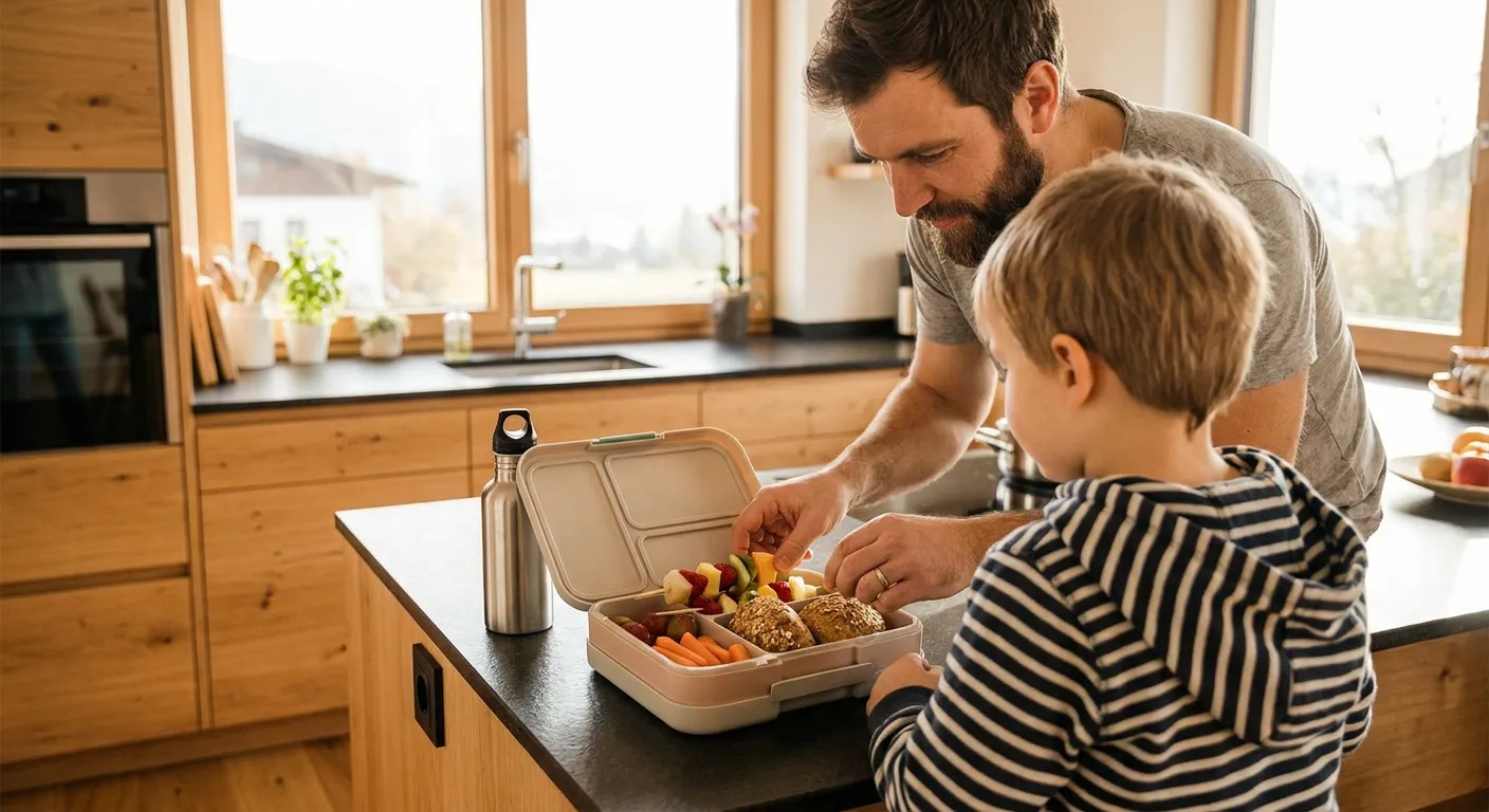 Papa packt mit seinem Kind die Jausenbox für die Schule – gesunde Jause Schule