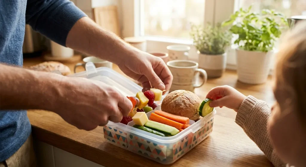 Papa packt eine bunte gesunde Jause für die Schule — Jausenbox mit Obst, Gemüse und Weckerl
