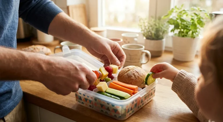 Papa packt eine bunte gesunde Jause für die Schule — Jausenbox mit Obst, Gemüse und Weckerl