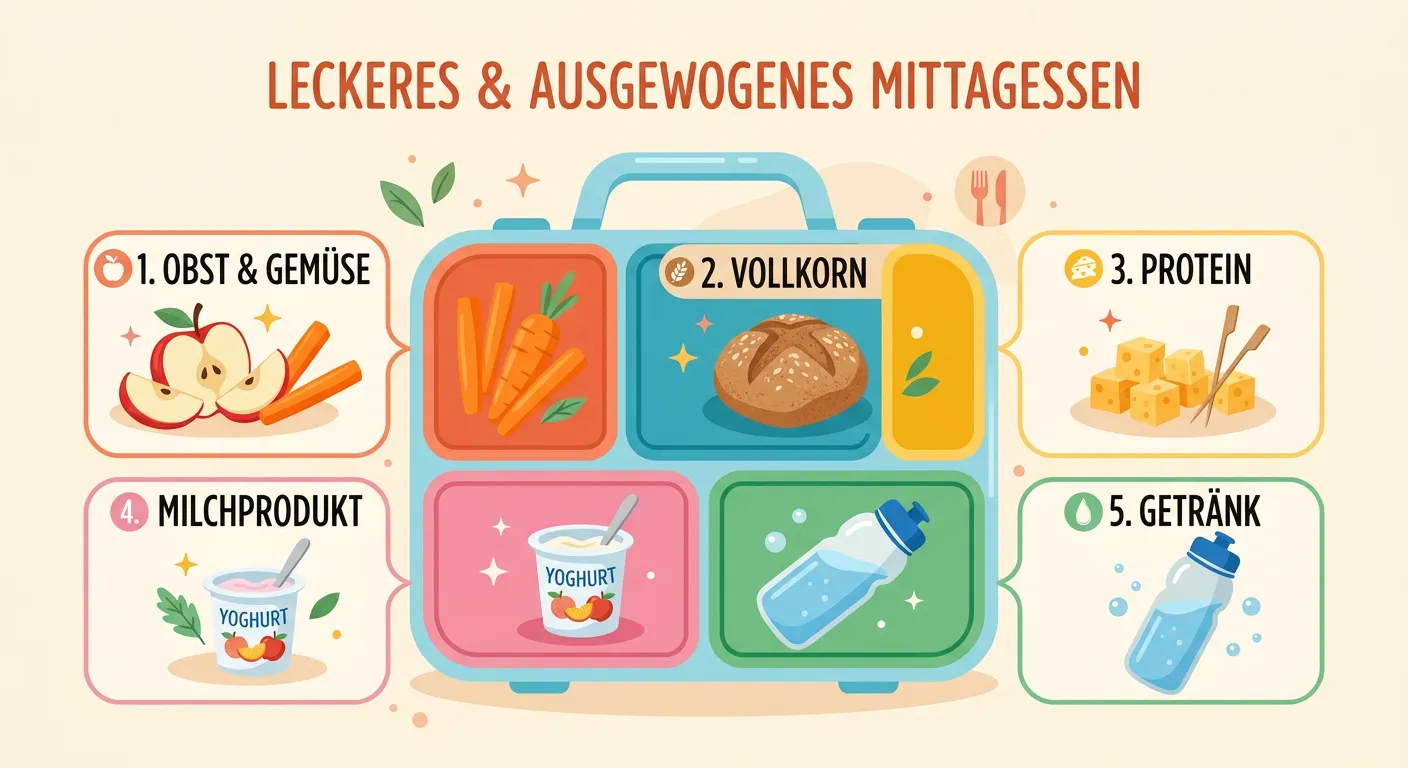 Jausenbox nach der 5-Elemente-Regel: Obst, Vollkorn, Protein, Milchprodukt und Getränk für eine gesunde Jause Schule