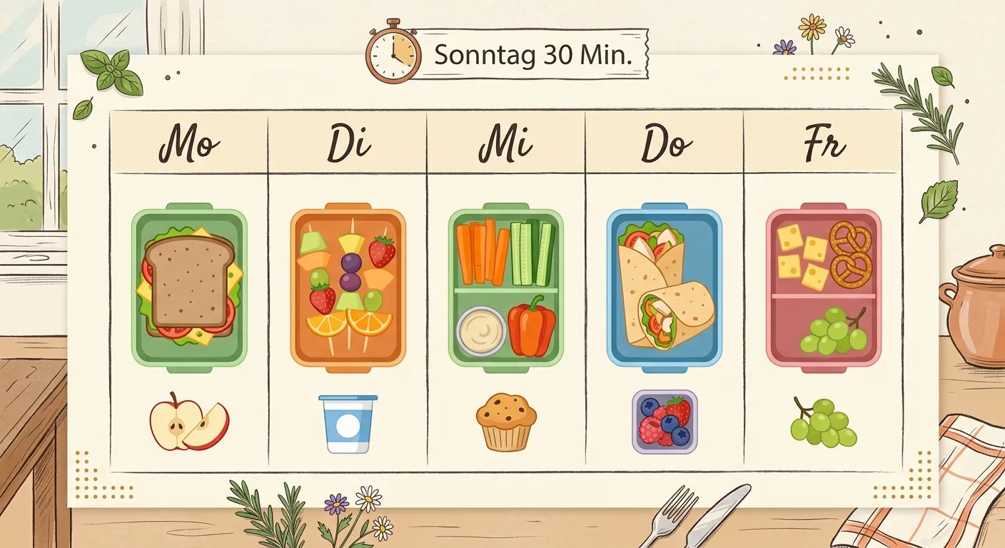 Meal-Prep Wochenplan für die Schuljause — Sonntag in 30 Minuten vorbereitet für Montag bis Freitag