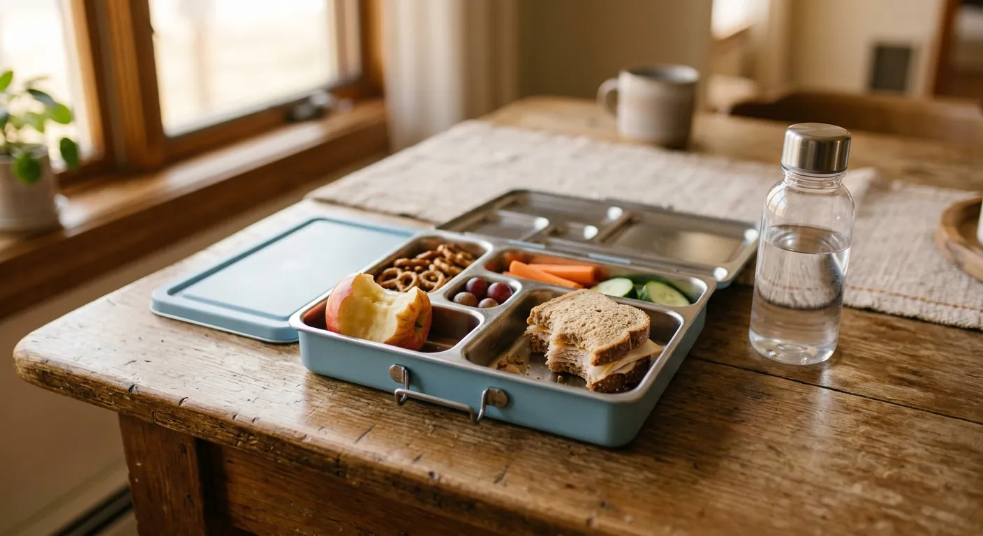 Halb ausgeräumte Jausenbox am Nachmittag — nicht perfekt, aber ehrlich