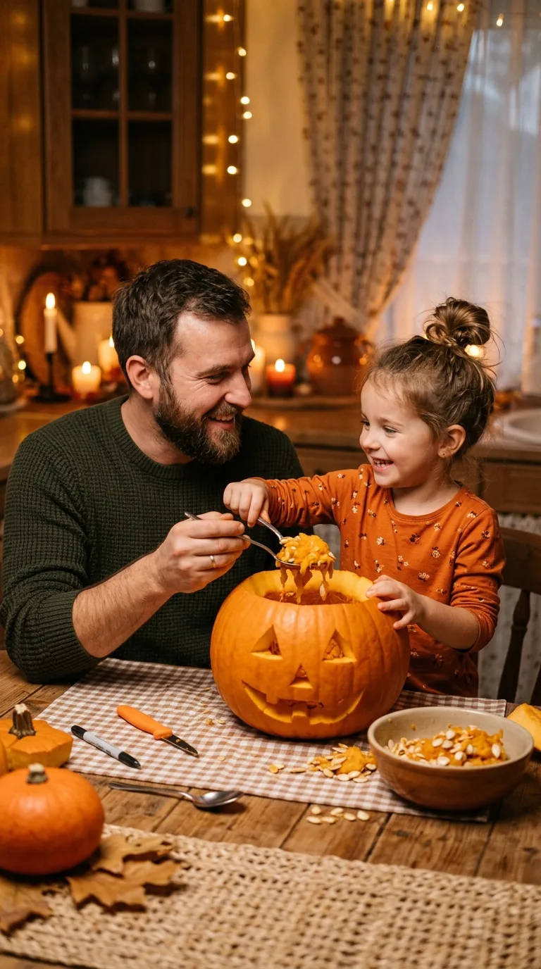 Kind schnitzt mit Papa einen Halloween-Kürbis