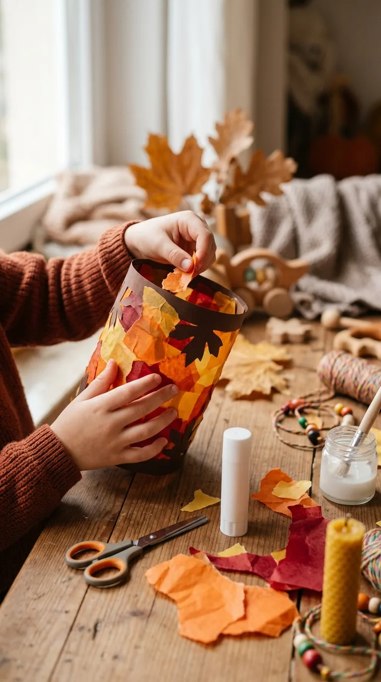Kind bastelt eine bunte Herbstlaterne für St. Martin