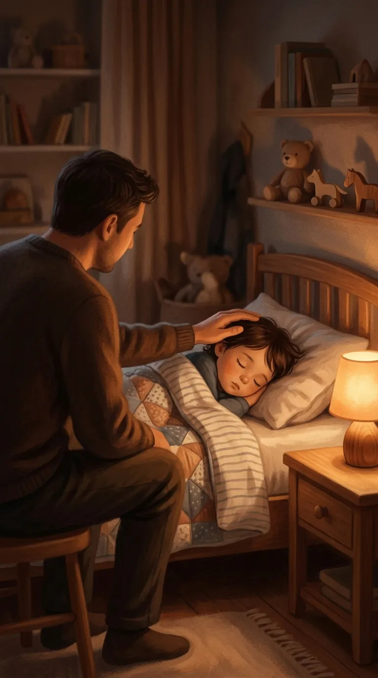 Papa wacht nachts am Bett seines erkälteten Kindes mit Fieber