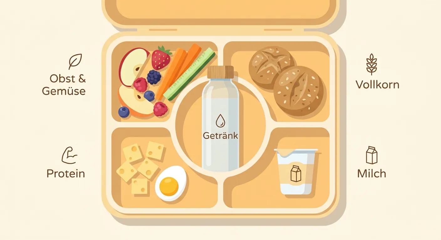 Jausenbox nach der 5-Elemente-Regel befüllt mit Obst, Vollkornbrot, Protein, Milchprodukt und Wasser – gesunde Jause Schule
