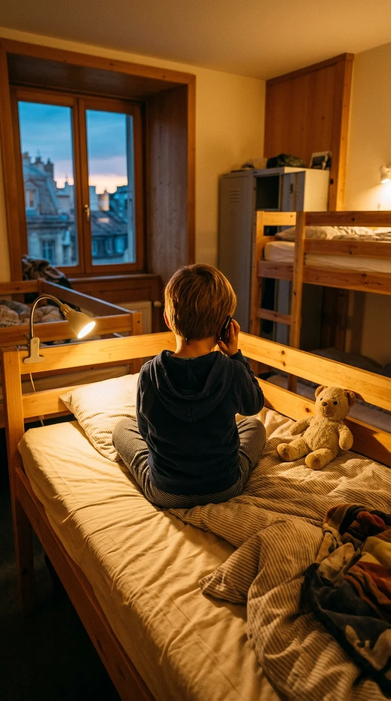 Kind telefoniert abends im Jugendherbergs-Zimmer mit den Eltern - Heimweh auf Klassenfahrt bewältigen