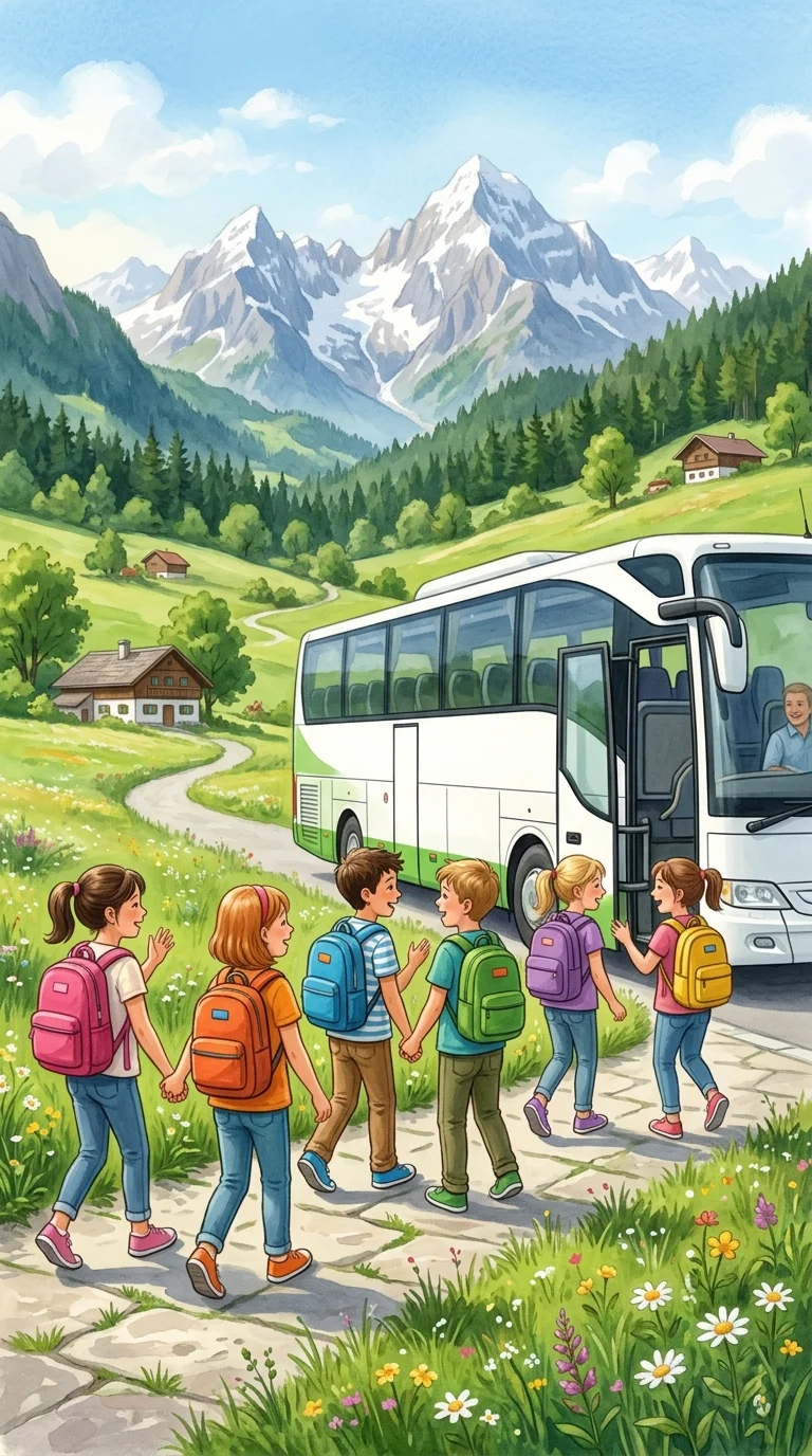 Fröhliche Kindergruppe mit bunten Rucksäcken läuft zum Reisebus - Aufbruch zur Klassenfahrt in der Grundschule