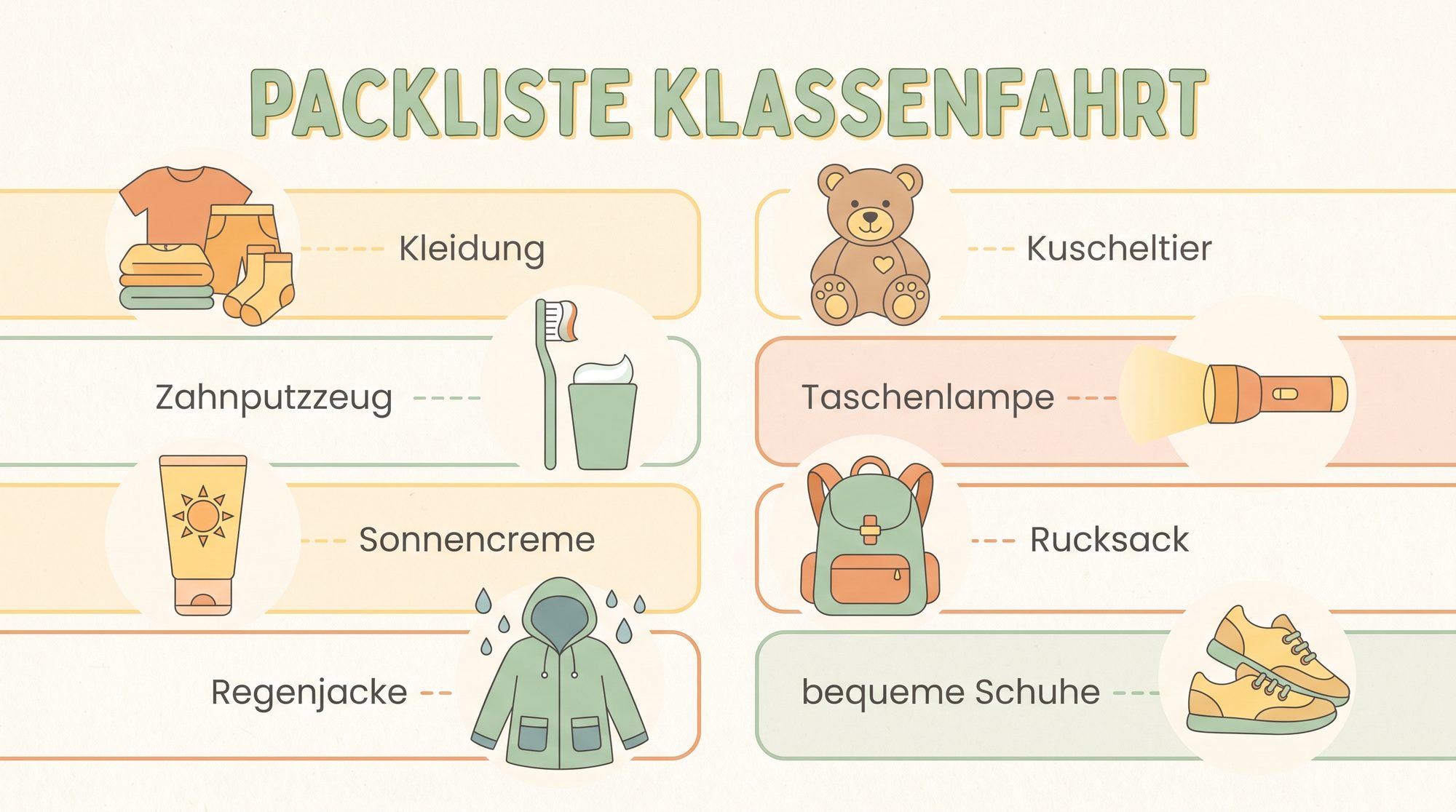 Packliste Klassenfahrt Infografik – Übersicht für Grundschulkinder (Kleidung, Hygiene, Extras)