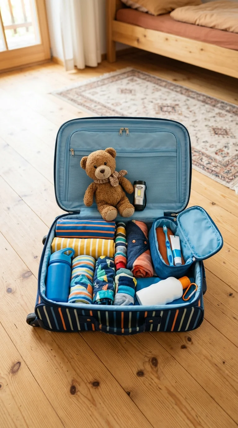Gepackter Kinderkoffer mit Kleidung, Kulturtasche und Kuscheltier - Packliste für die Klassenfahrt in der Grundschule