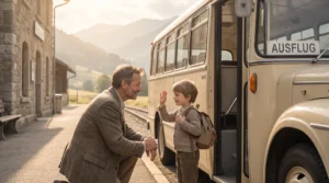Papa und Kind winken sich am Bahnhof zu - Abschied vor der ersten Klassenfahrt in der Grundschule