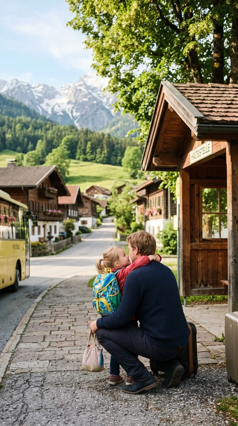Papa umarmt sein Kind zum Abschied vor der Klassenfahrt - liebevolle Szene an der Bushaltestelle