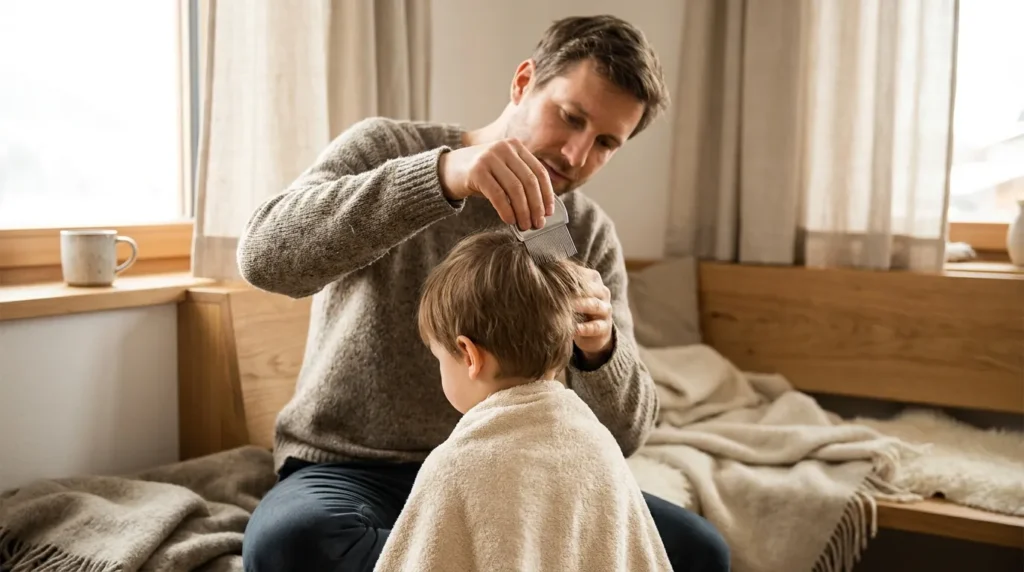 Vater kontrolliert die Haare seines Kindes mit einem Läusekamm auf Kopfläuse
