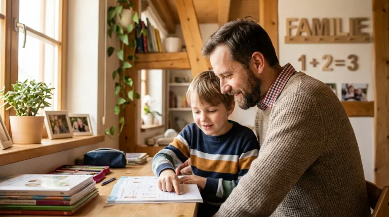 Vater hilft seinem Kind entspannt bei den Hausaufgaben – Legasthenie und Dyskalkulie im Volksschulalter