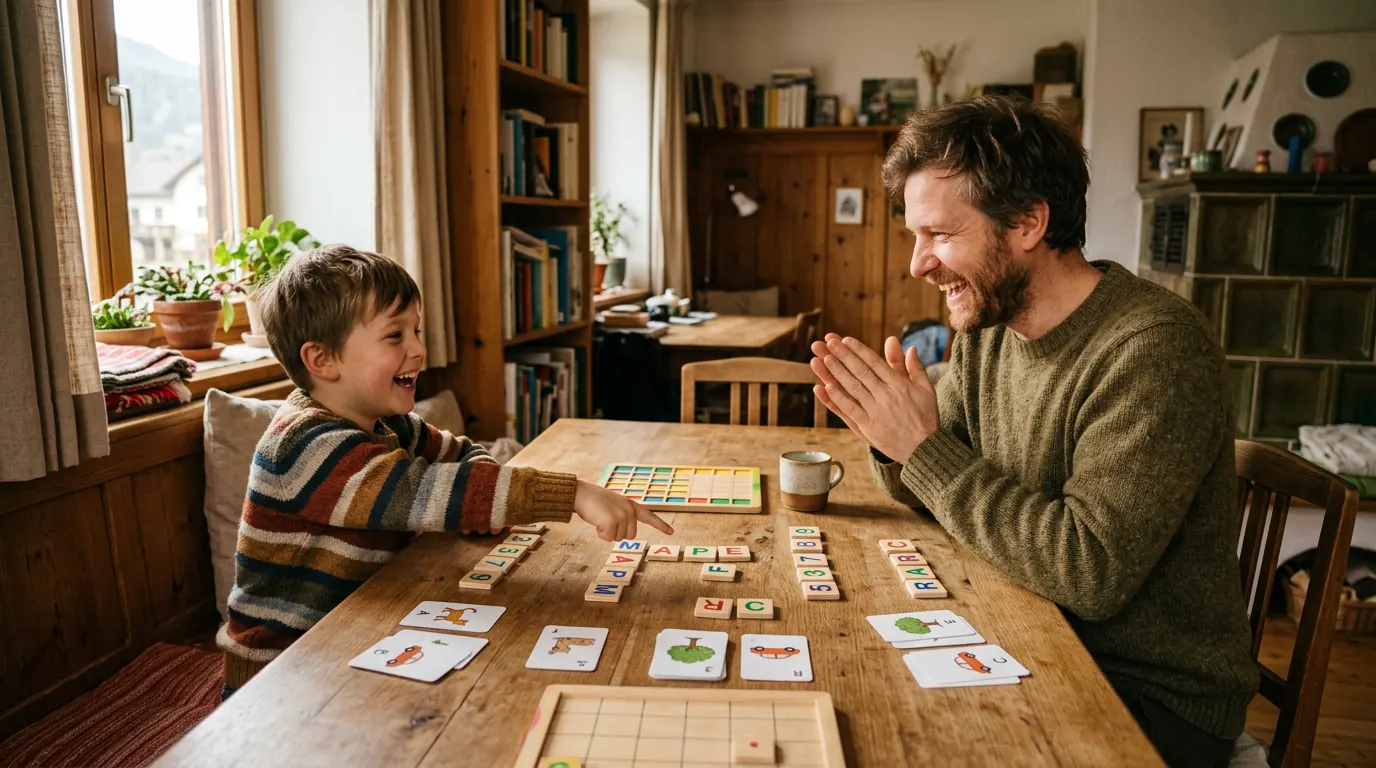 Vater und Kind spielen gemeinsam ein Buchstaben- und Zahlenspiel, beide lachen – Lernen mit Spaß