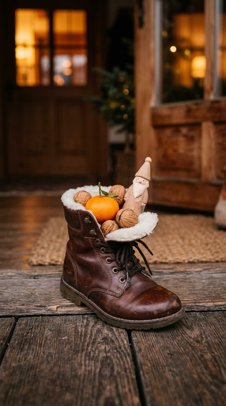 Nikolausstiefel fürs Baby vor dem Kamin — Schuhe füllen ohne Drama
