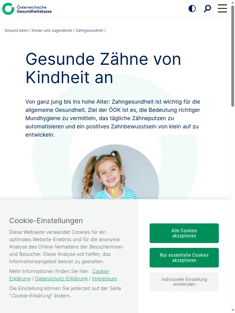 Screenshot der ÖGK-Infoseite zu Zahnpass und Zahn-Terminpass für Kinder in Österreich