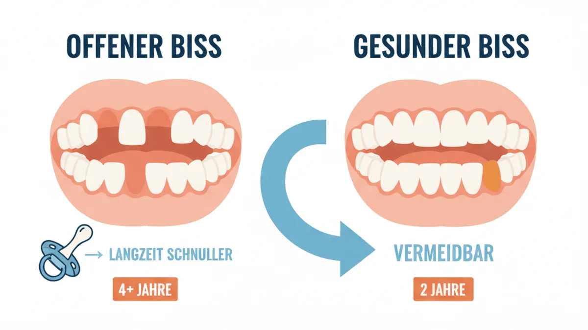 Infografik: Auswirkungen von langem Schnullergebrauch auf die Zahnstellung — offener Biss vs. gesunder Biss
