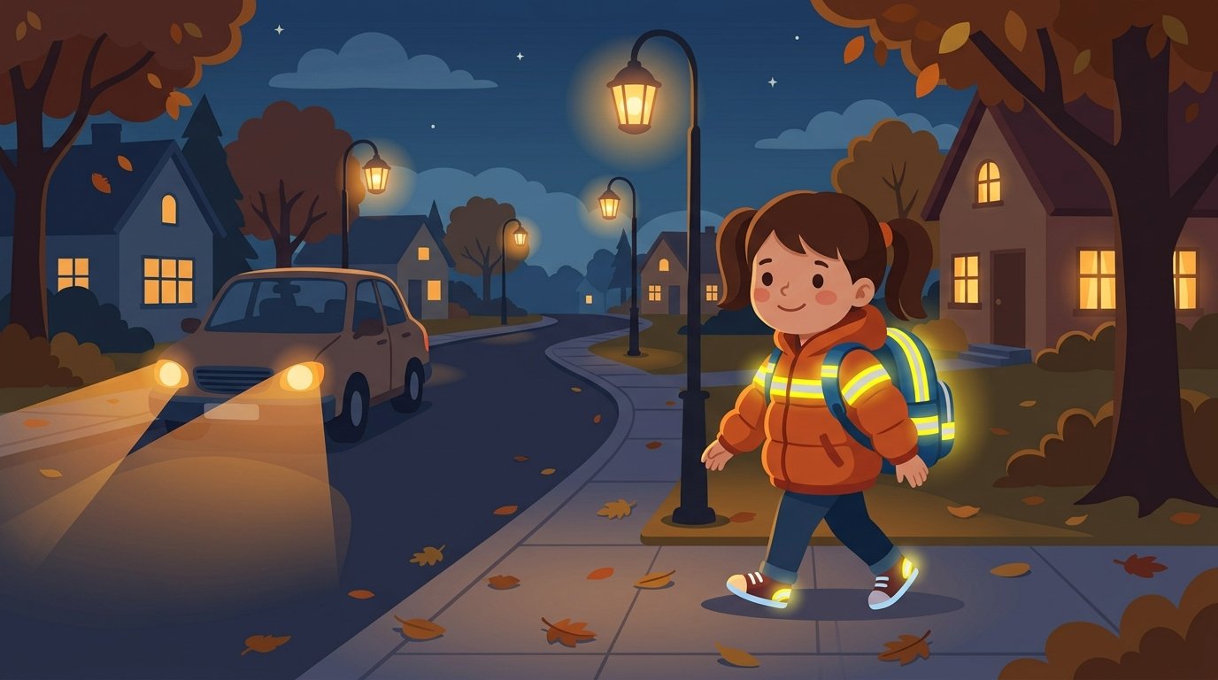 Reflektoren machen Kinder am Schulweg sichtbar — Herbst und Winter