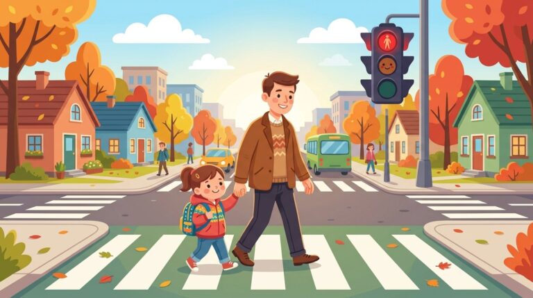 Papa übt mit Kind den sicheren Schulweg an der Ampel