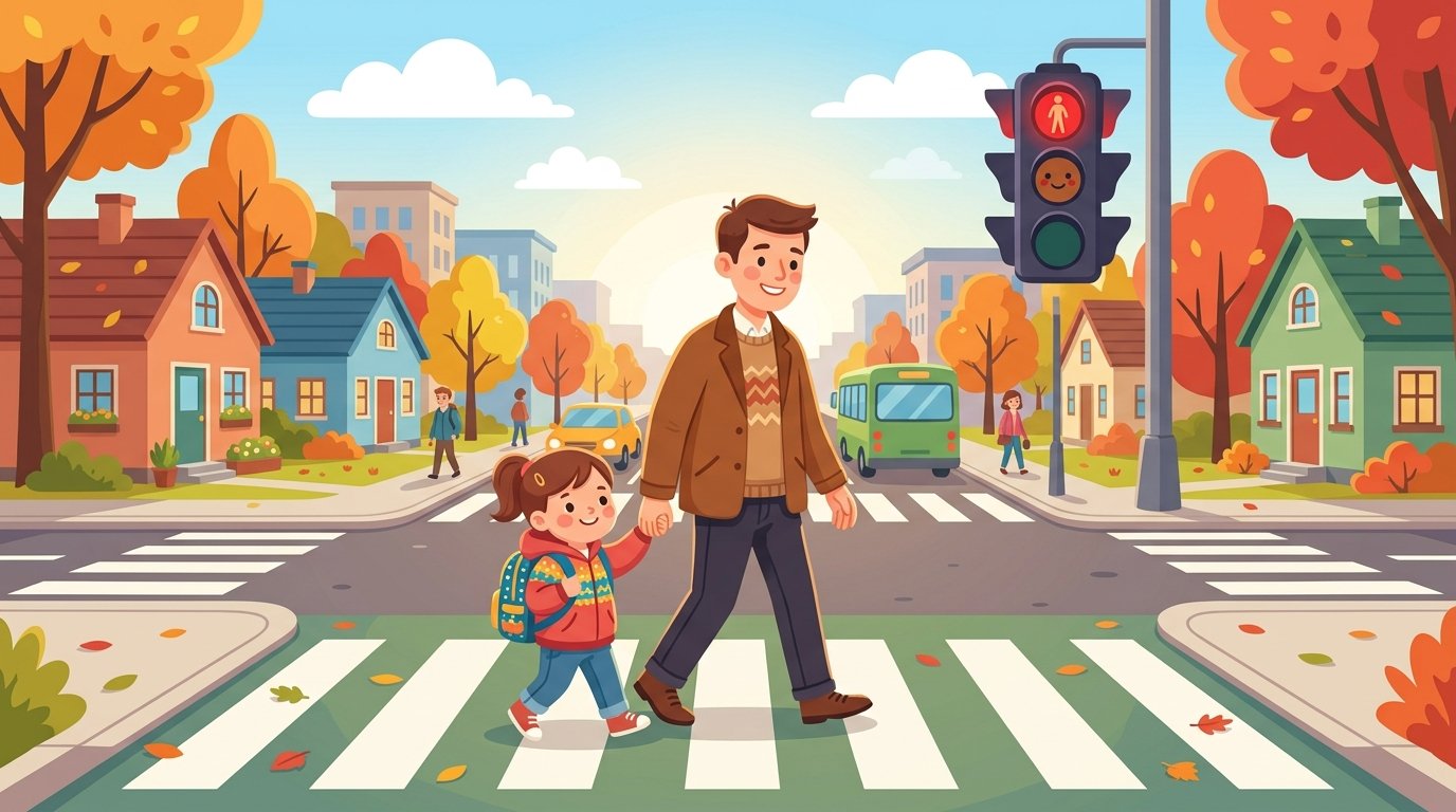 Papa übt mit Kind den sicheren Schulweg — Ampel und Zebrastreifen