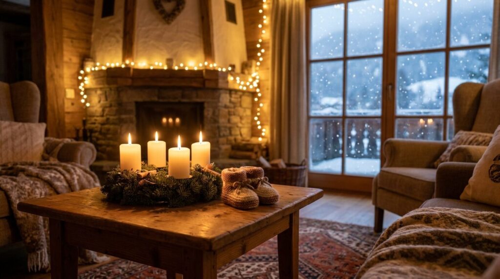 Weihnachtlich geschmückter Raum mit Adventkranz und Babyschuh — erstes Weihnachten mit Baby