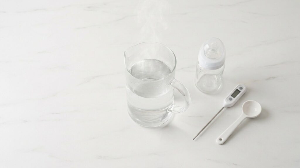 Babyflasche, Messlöffel und Wasserkanne für die hygienische Zubereitung von Pre-Nahrung auf heller Arbeitsfläche