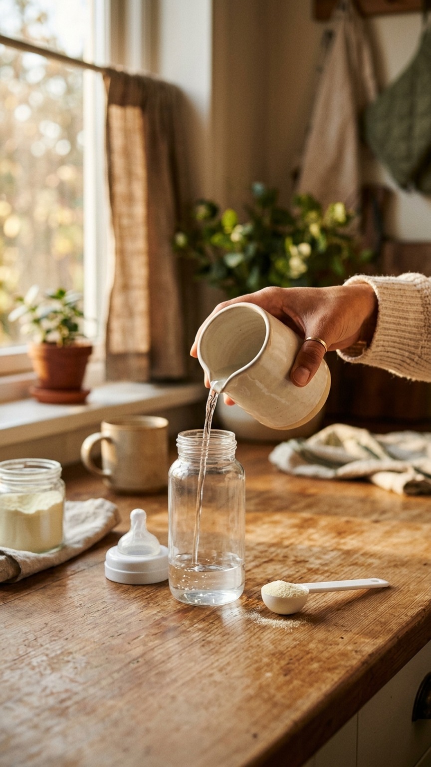 Wasser wird vor dem Milchpulver in die Babyflasche gefüllt — korrekte Reihenfolge bei der Zubereitung