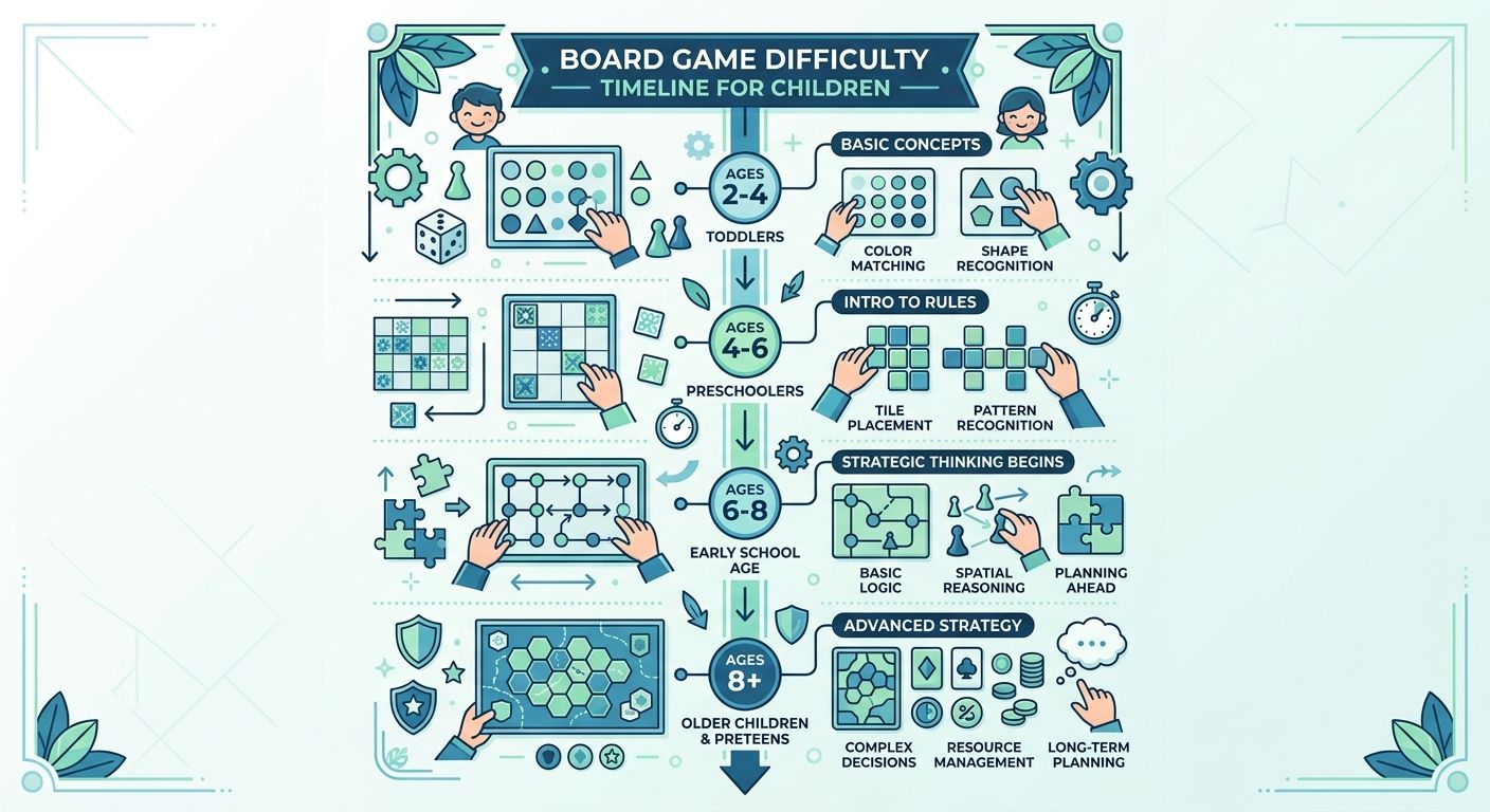 Infografik: Brettspiele für Kinder nach Alter — von Farbspielen bis Strategiespielen
