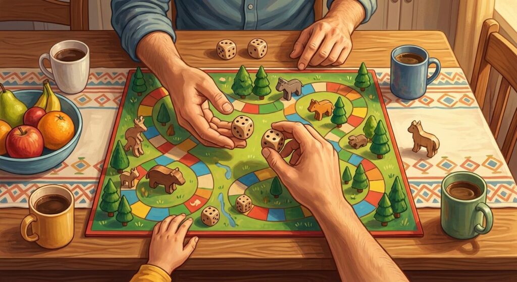 Vater und Kind spielen gemeinsam ein kooperatives Brettspiel am Küchentisch
