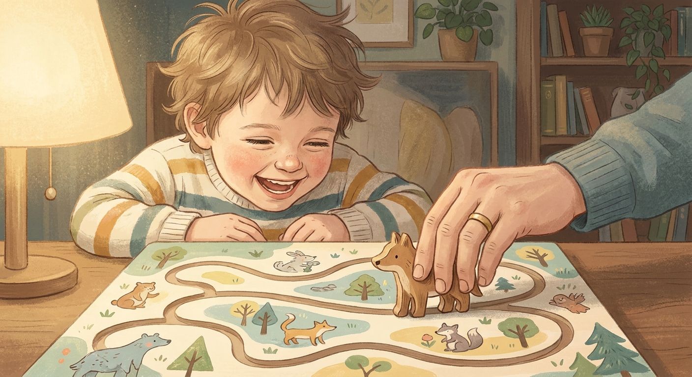 Lachendes Kind beim gemeinsamen Brettspiel — kooperative Spiele als Einstieg