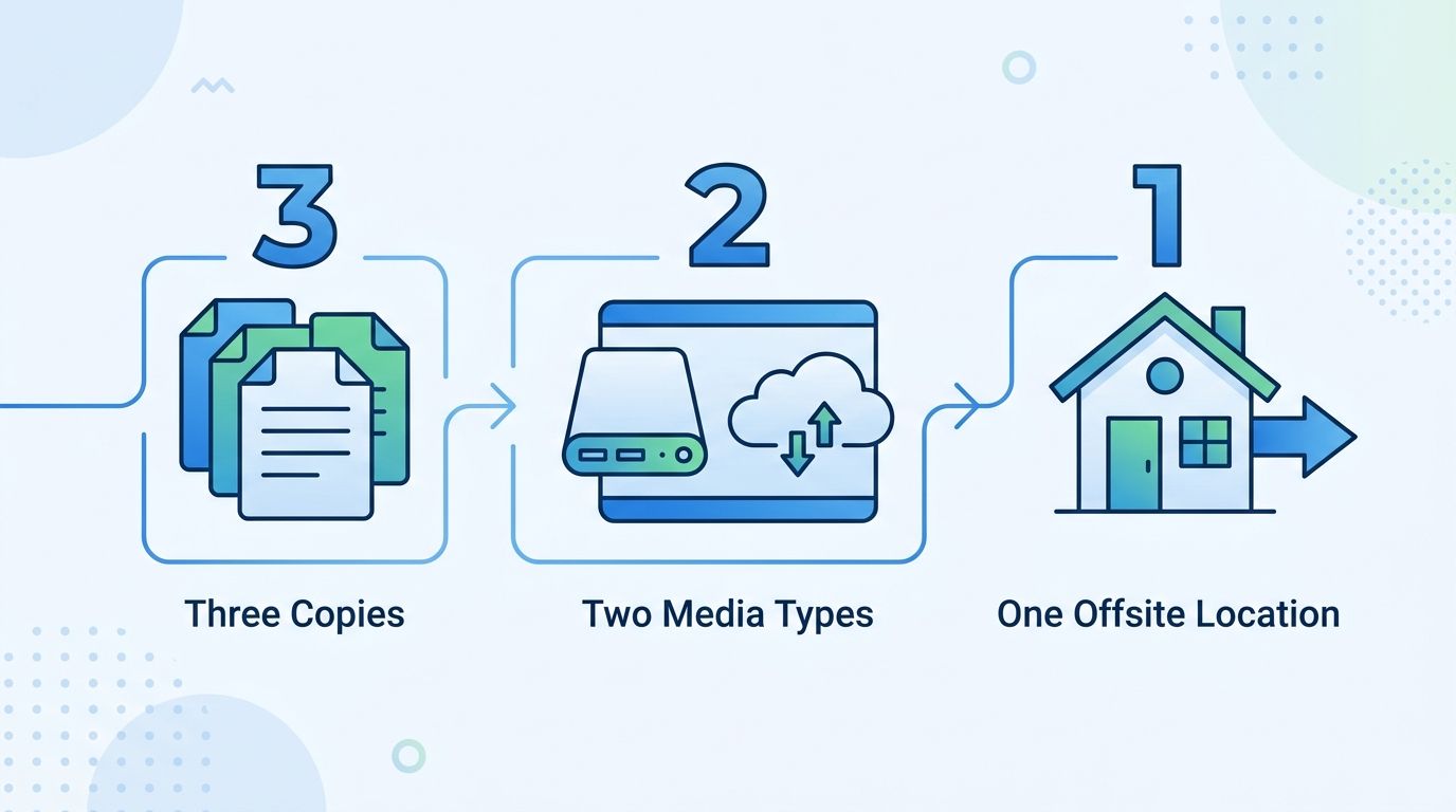 Infografik zur 3-2-1-Backup-Regel: 3 Kopien, 2 Medien, 1 Offsite