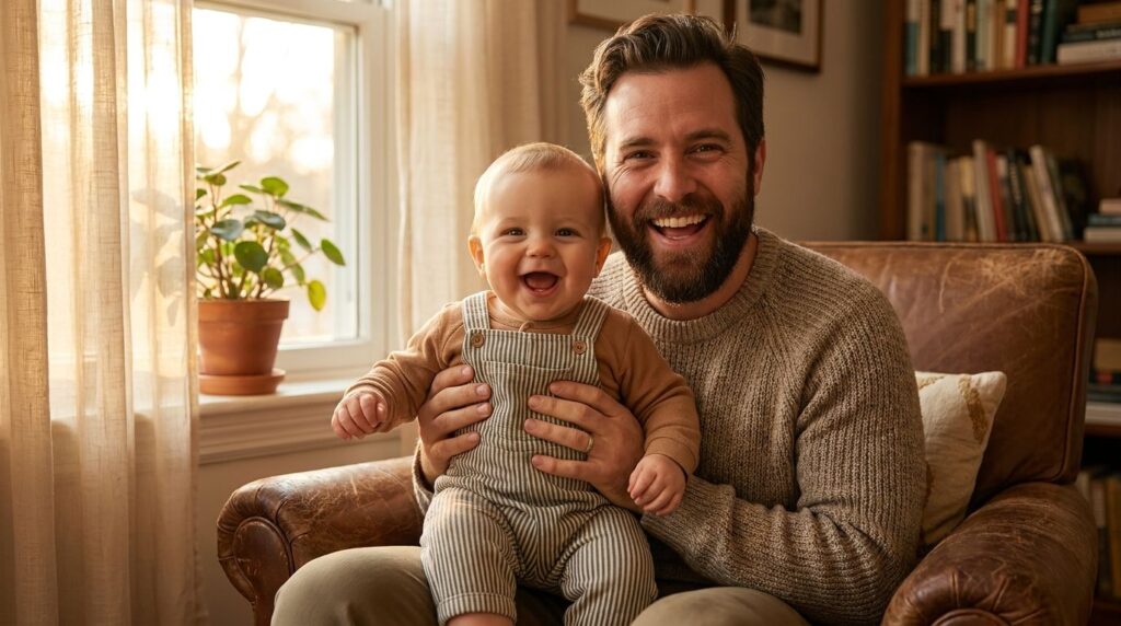 Vater mit Kind lacht in die Kamera — Familienmomente, die es zu sichern gilt