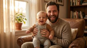 Vater mit Kind lacht in die Kamera — Familienmomente, die es zu sichern gilt