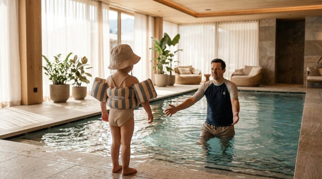 Vater hilft Kind mit Schwimmflügeln im Hallenbad beim Schwimmenlernen
