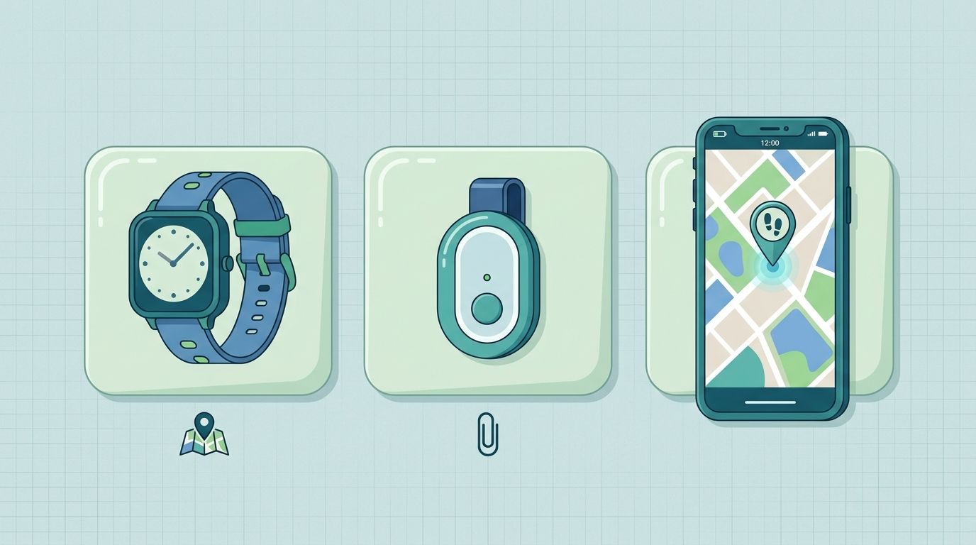 Drei Formen von GPS-Trackern: Smartwatch, Mini-Tracker und App