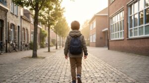 Kind mit GPS-Smartwatch auf dem Weg zur Schule