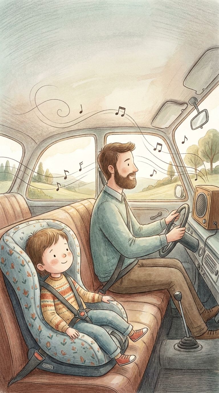 Kind hört entspannt eine Hörgeschichte im Auto, Vater fährt