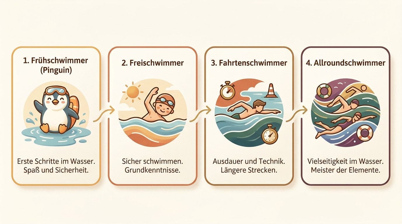 Übersicht der österreichischen Schwimmabzeichen-Stufen vom Frühschwimmer bis Allroundschwimmer