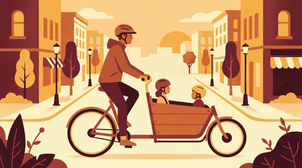 Vater fährt mit zwei angeschnallten Kindern im E-Lastenrad durch die Stadt