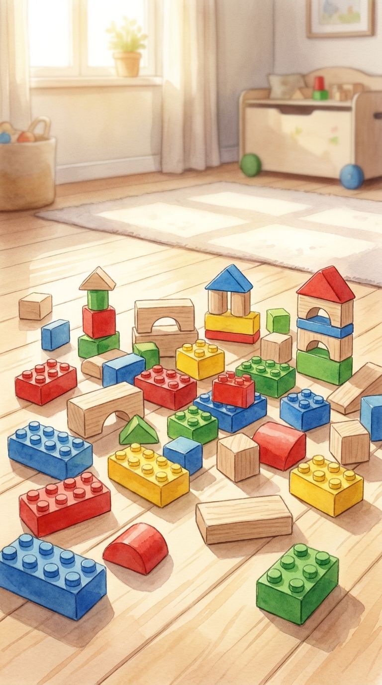 Bunte Bausteine und Holzklötze als Konstruktionsspielzeug für Kinder