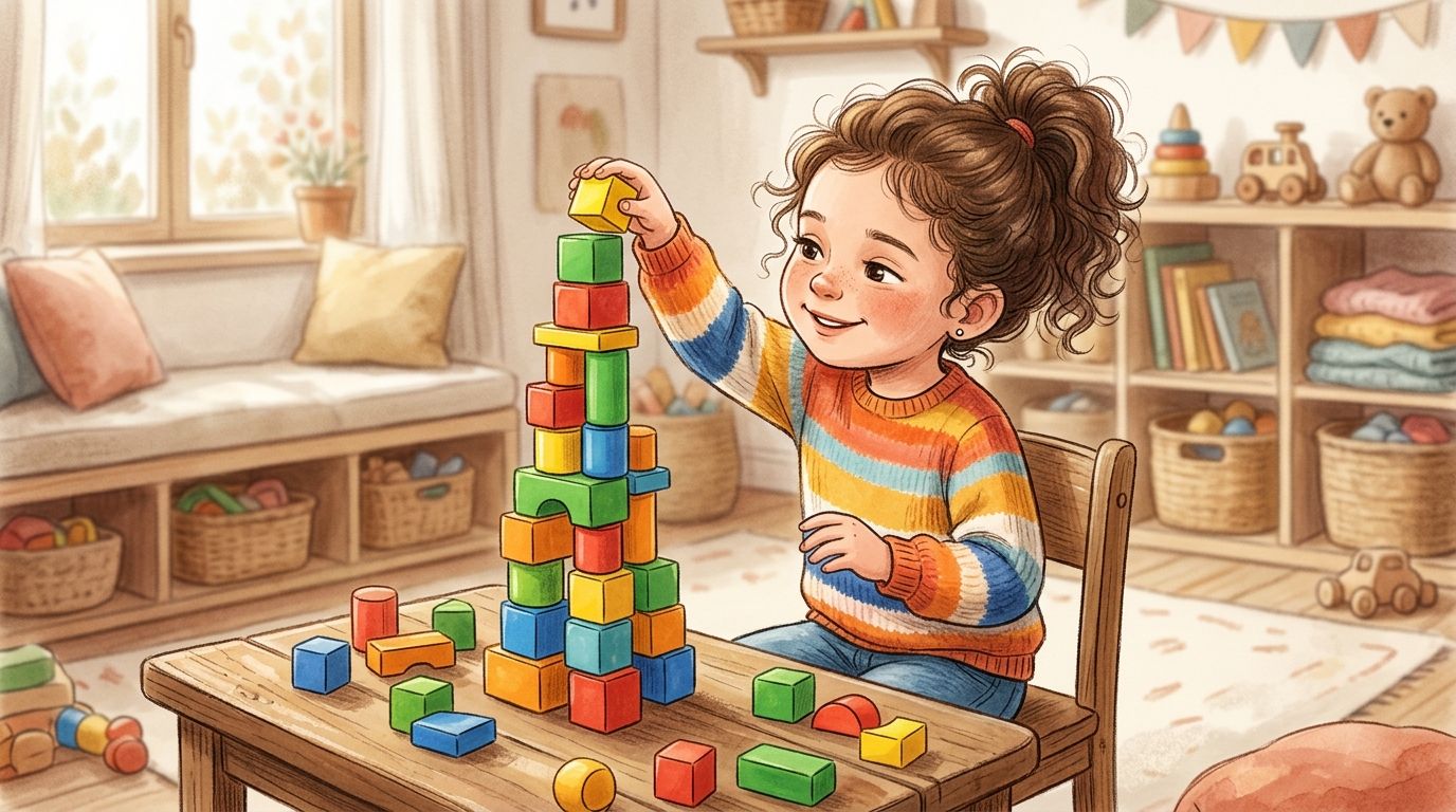 Kind baut konzentriert einen Turm aus bunten Bausteinen