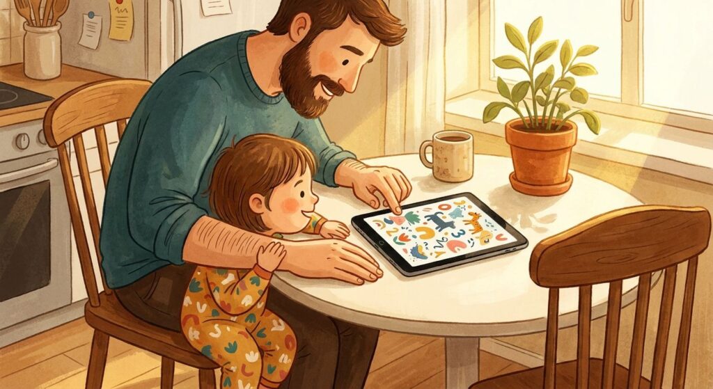 Vater und Kind nutzen gemeinsam eine Lern-App auf dem Tablet
