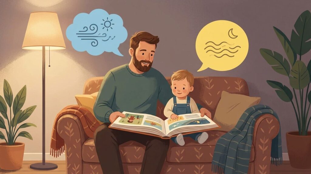 Vater liest seinem Kleinkind ein zweisprachiges Bilderbuch vor und spricht abwechselnd zwei Sprachen