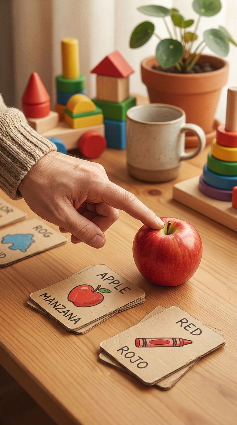 Wortkärtchen in zwei Sprachen neben einem Apfel: spielerisches Vokabeltraining im Alltag