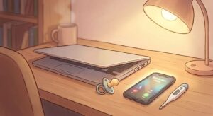 Schreibtisch eines berufstätigen Vaters mit Laptop, Smartphone und Fieberthermometer