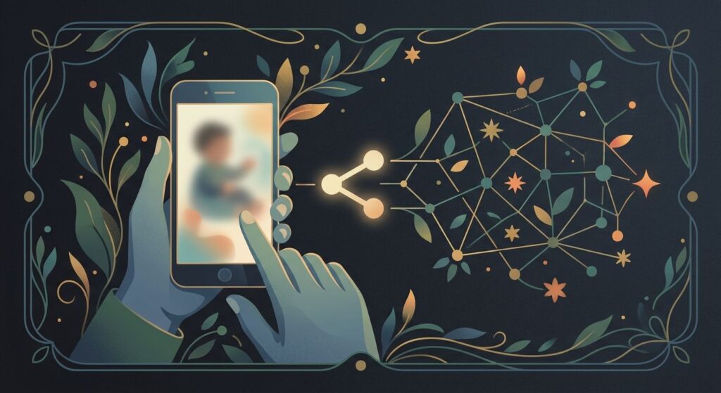 Elternhände halten ein Smartphone mit einem Kinderfoto und einem Teilen-Symbol, das sich wie ein Netz ausbreitet – Symbol für Sharenting