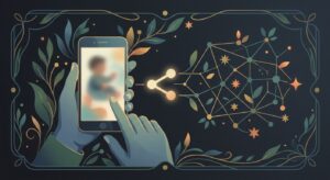 Elternhände halten ein Smartphone mit einem Kinderfoto und einem Teilen-Symbol, das sich wie ein Netz ausbreitet – Symbol für Sharenting