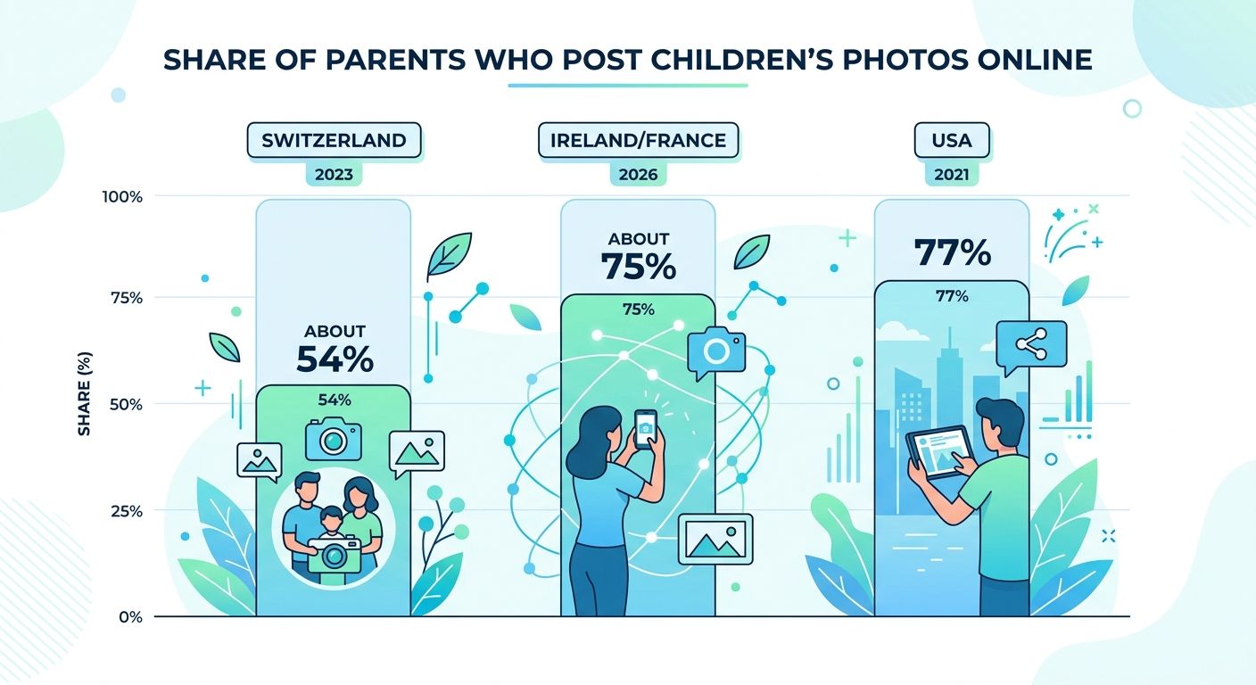 Balkendiagramm: Anteil der Eltern, die Kinderfotos online teilen – Schweiz 2023 rund 54 Prozent, Irland/Frankreich 2026 rund 75 Prozent, USA 2021 77 Prozent