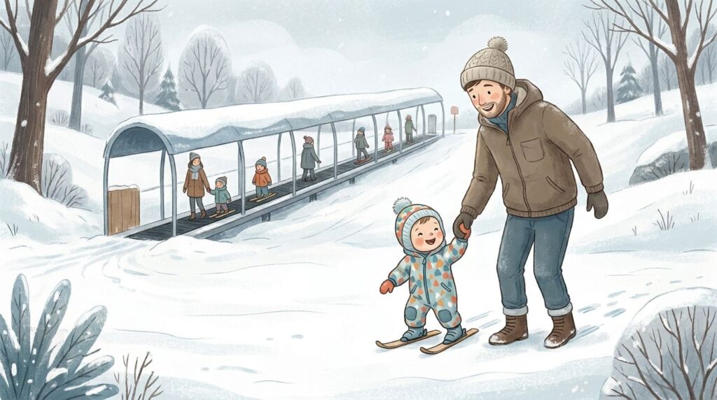 Vater bringt seinem Kind auf einem flachen Übungshang das Skifahren bei